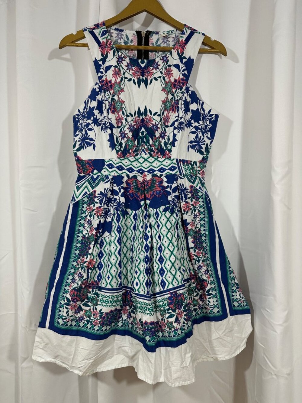 Boho Floral Fit & Flare Dress Large Blue White Cotton Border Print